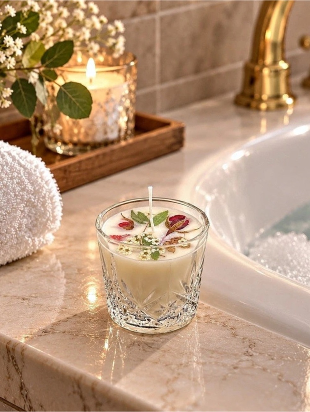 Gardenia Soy Candle in Cut Glass with Pressed Flowers
